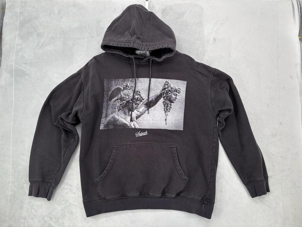 Superb Hoodie Mens Medium Gray Pullover Fleece Snake Art Graphic Medusa Statue